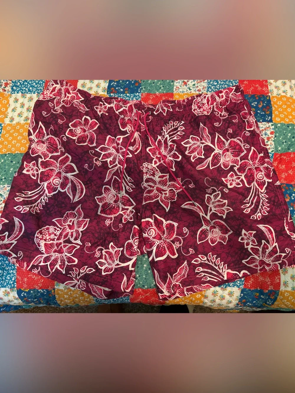 Lands' End Men's Burgundy Floral Swim Trunks 3XL
